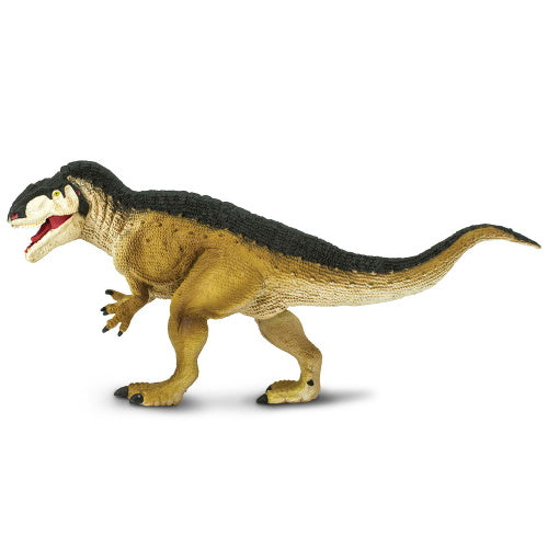 Acrocanthosaurus model, walking on two legs, tan with a black back and white face markings.