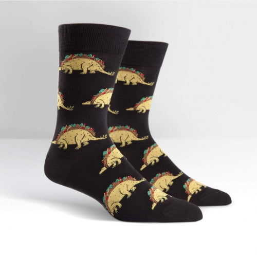 Black crew socks with yellow taco-shaped dinosaurs