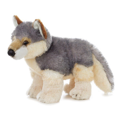 Plush wolf, standing up, gray back, tan legs and underbelly, very soft with vinyl nose and plastic eyes